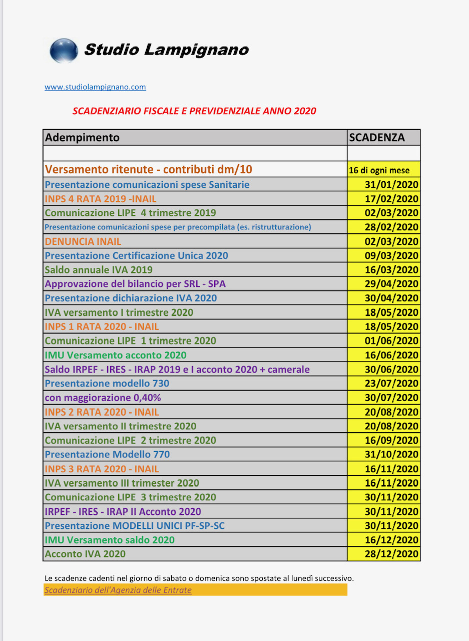 scadenziario 2020